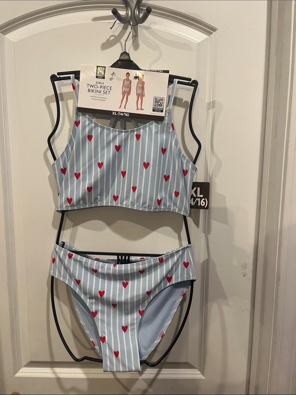 Girls Two-Piece Swim Bikini - Light Blue with Red Hearts
